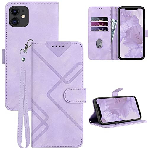 GOTOURED for iPhone 11 Phone Case Wallet, Card Holder Leather, Wrist Strap, Magnetic Closure, Kickstand, Shockproof Protective Pattern Flip Cover (Purple)