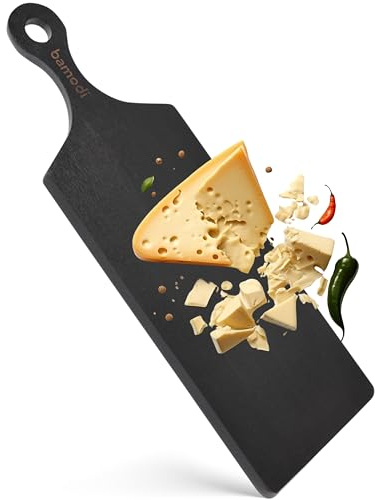 Bamodi Extra langes Schneidebrett aus Akazienholz mit rundem Griff – vielseitiges Charcuterie- und Käsebrett – langlebiges Schneidebrett aus Holz – elegantes schwarzes Design für moderne Küchen – 50