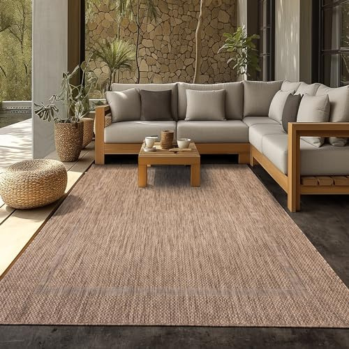 SIMPEX Outdoor Teppich Wetterfest 160x230 cm Braun Bordüre Design Flachgewebe Waschbar für Wohnzimmer Esszimmer Terrasse Garten