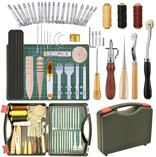 59 Pieces Leather Working Kit Leather Tools and Supplies with Storage Box,Starter Kit with Waxed Thread Groover Awl Stitching Punch Stamping Tools for Craft Making