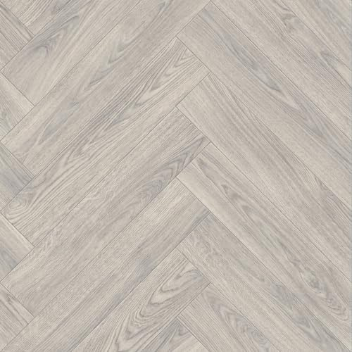 Light Grey Chic Herringbone Siren Vinyl Flooring 4mm Thick Durable Felt Backed Lino Kitchen Bathroom (2m x 3m)