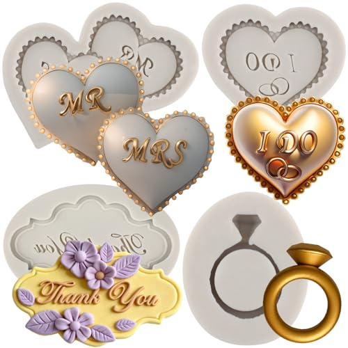 MYPRACS Heart MR MRS I DO Silicone Fondant Mould Thank You Ring Candy Chocolate Mould for Wedding Cake Decorating Gum Paste Polymer Clay Set of 4