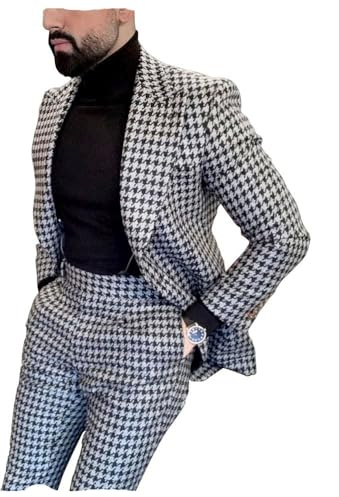 Premium Houndstooth Dogstooth Plaid Slim Fit Suit Prom Groom Wedding Tuxedo Set Jacket Blazer Pants Set