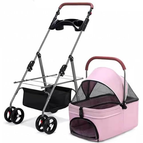 3-in-1-Multifunktions-Haustier-Kinderwagen mit Abnehmbarer Tragetasche, Autositz und Kinderwagen, Leichter, Faltbarer Reise-Kinderwagen für Kleine Hunde, Katzen, Buggy-Welpen,Pink