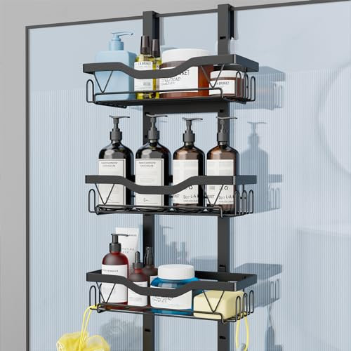 UUlioyer Etagere Douche à Suspendre, Rangement Douche sans Percage aver 3 PCS Réglable Panier à Suspendre pour le Gel et le Shampooing (Noir - 3 couches)