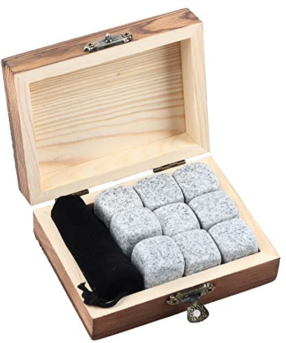 BLSYHDH Weinkühlsteine-Set, Premium-Bar und Zuhause, 9-teiliges Whiskey-Getränk, Champagner-Kühlsteine ​​mit Holzbox-Verpackung, Lebensmittelechter Granit, Wiederverwendbare(Sesamweiß)