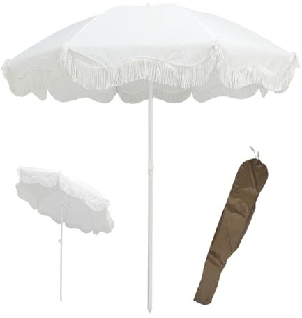 Zhixubah Ombrellone Spiaggia Con Frange 180cm Ombrellone Da Giardino Inclinabile 45° Ombrellone Da Esterno Portatile Ombrellone Balcone Protezione UPF 50+ Impermeabile Altezza Regolabile(Color:White)