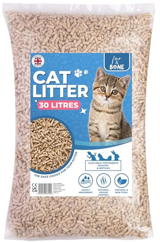 Fur & Bone 1 x 30L Cat Litter - Ultra Absorbent Biodegradable Wooden Pellets, Natural Scent, Odour Control, Soft Bedding for Comfort, Made from Virgin Wood - Unscented