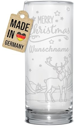 Print Royal PR Trinkglas mit Gravur - Merry Christmas Rentier - mit Namen personalisiert, Geschenk für Freunde und Familie, Trinkglas graviert, Wichtelgeschenk | Lasergravur, 200 ml