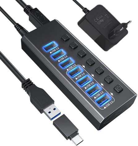 USB 3.0 Hub Powered, Aluminum 7 USB Port SuperSpeed USB Data Hub with 12V / 2A Power Adapter and Individual On/Off Switch for Surface Pro, Windows, PC Laptop, Desktop, NoteBook and More