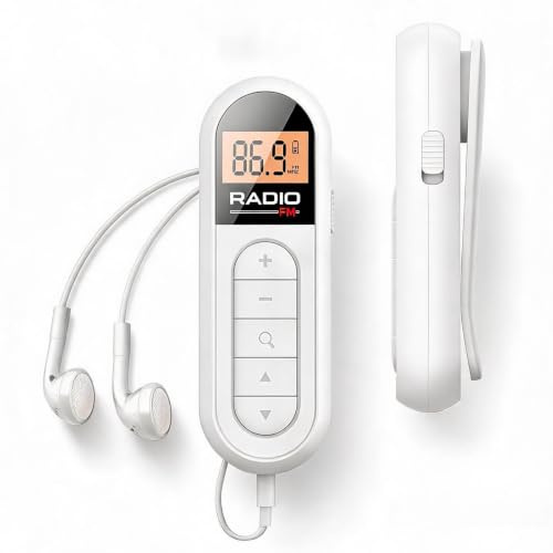 Mini Radio Klein UKW/FM Transistorradio,tragbarer UKW-Radioempfänger/mit DSP,LCD-Display und Kopfhörer,300MAh Wiederaufladbar Tragbares,Taschenradio zum Gehen und Reisen (Weiß)