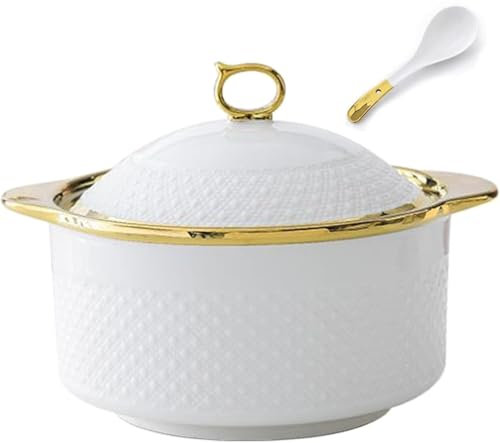 Cuenco de cerámica para servir sopa con tapa y cuchara, porcelana de gran capacidad con tapa de cristal, cuenco redondo con borde dorado, vajilla elegante y funcional