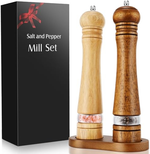Juego de molinillos de sal y pimienta de madera, 2 molinillos de pimienta grandes recargables de 8 pulgadas con bandeja, molinillos manuales de madera de roble macizo con núcleo de cerámica ajustable