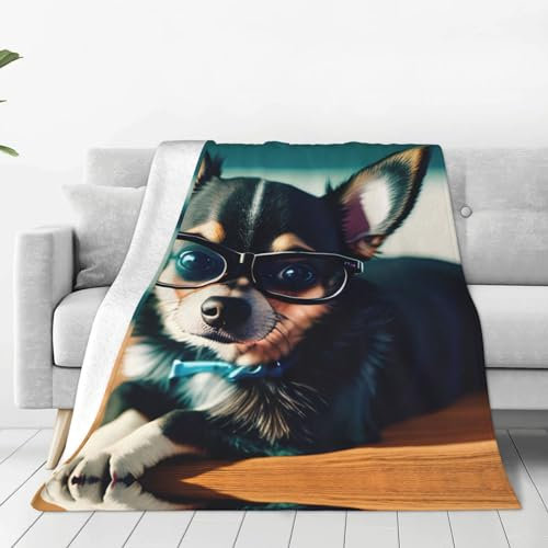 Anceky Chihuahua-Hundebrille, mehrere Größen, ultraweiche Flanelldecke (vertikaler Stil), Überwurfdecke aus Mikrofaser