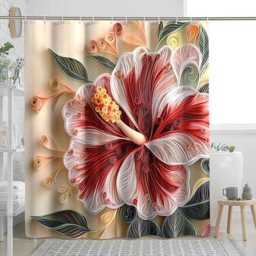 DESIHOM Paper Quilling Art Hibiscus Shower Curtain Set 72 W x 78 L, 3D Flower Bathroom Decor, Modern Floral Printed Fabric Bath Accessories