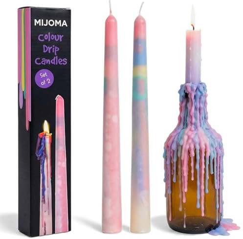 MIJOMA 2er-Set Farbige Tropfkerzen – Magische Stabkerzen, 26 x 2 cm | Bunte Wachsverläufe für stimmungsvolle Dekoration