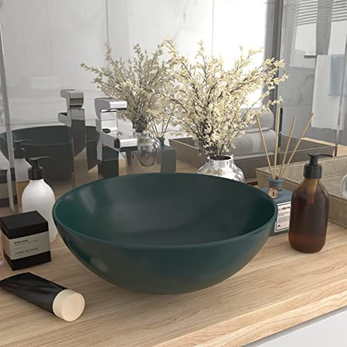Gecheer Lavandino da Bagno in Ceramica Verde Scuro Rotondo,Lavandino Bagno d'Appoggio Tondo in Ceramica Lavandino Bagno