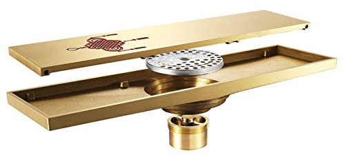 GODFSAHG Linearer Duschablauf, 12-Zoll-Badezimmer-Bodenablauf in Gold, Duschablauf aus Messing mit chinesischem Knotendesign, rechteckiger Bodenablauf mit abnehmbarem Musterrost