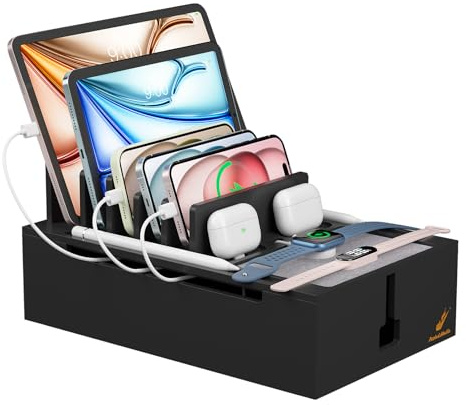 Pezin & Hulin Bambus-Ladestation, Organizer für elektronische Geräte für mehrere Geräte, Ladegerät wie Handy, Tablet, Uhr und mehr, Schwarz (ohne USB-Ladegerät und Kabel)