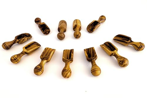 EMNA - Pelles en bois d'olivier, 11 mini pelles à épices, cuillères en bois, cuillères à sel en bois, cuillères à sucre, cuillères à épices, cuillères à café, cuillères doseuses pour aliments pour