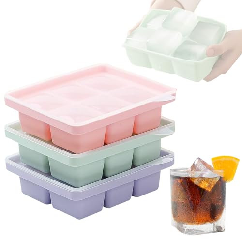 Fsaklaskdy 3 Piezas Cubiteras para Hielo Grande, Moldes Cubitos Hielo Silicona con Tapa, Apilables Moldes de Hielo Ice Cube Tray, Fácil Quitar Bandeja Cuadrados 3,5 cm para Whisky Cóctel Café, Sin BPA