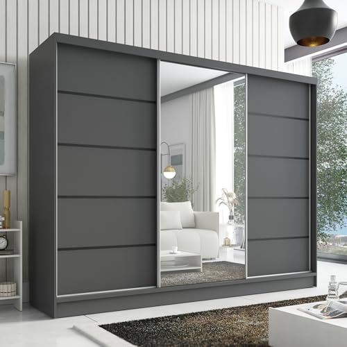 A&J MöbelLand Kleiderschrank Aurelia 2 – Schwebetürenschrank 200 cm breit mit Spiegel, 3-türig, Kleiderschrank mit Schubladen, Schiebetürenschrank für Schlafzimmer oder Garderobe