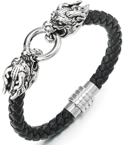 COOLSTEELANDBEYOND Dragon Cuir Bracelet - Hommes et Femmes Acier Inoxydable Cuir Tressé Envelopper Bracelet avec Deux Dragon Tête et Anneau