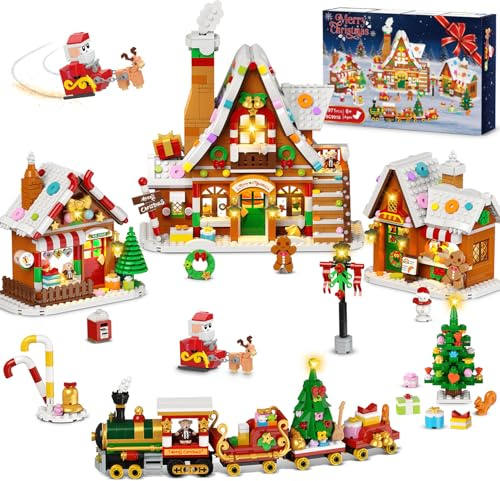 PLAXSOON Juego de construcción de casa de jengibre de Navidad con luz LED, 2025, paisaje de nieve, casa de pueblo, bloques de construcción, juguetes con Papá Noel, árbol de Navidad, tren regalos para