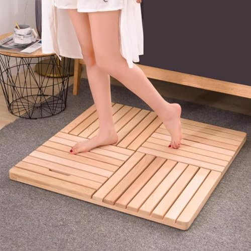 Blazea Carré Caillebotis Douche pour La Salle de Bain, Luxe Caillebotis Bois Bois Massif (Non Peint), Tapis de Bain en Bois Tapis Sortie de Douche avec Coussin en Caoutchouc Antidérapant(60x70cm)