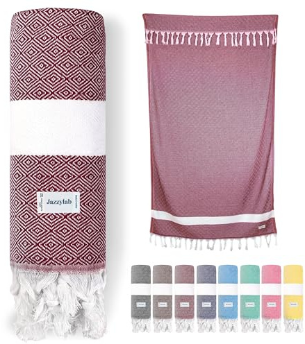 jazzylab ELMAS Fouta Hammam & Plage – Peshtemal | 100% Coton | Tissé Main avec Motif Classique | Légère, absorbante & sèche Rapidement | Finitions Artisanales |, 90x180 cm - Bordeaux