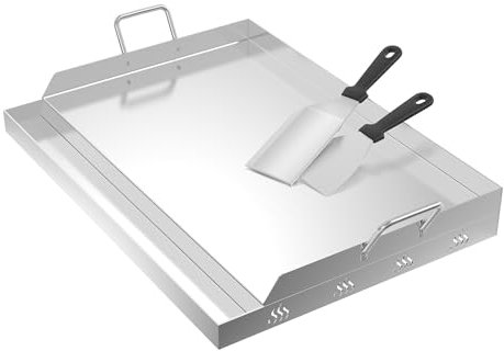 YRHome Plancha Plaque de cuisson en acier inoxydable pour gaz et charbon de bois, 54 x 41 x 7 cm, avec spatule et grattoir pour barbecue, résistante à la chaleur, universelle, pour barbecue, steak