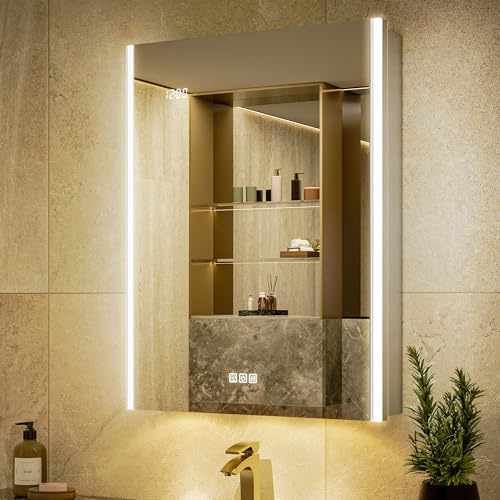 QueenFun 24x32 Lighted Medicine Cabinet Mirror with Lights & Smart Night Lamp -Surface or Recessed Medicine Cabinet Mirror with Outlet & Clock,Fogless Dimmable LED Storage Mirror,Built-in Sensor Light
