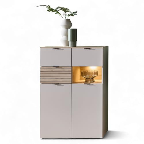 INA Highboard Kaschmir Riva Eiche Optik mit LED-Beleuchtung | 84 x 125 x 45 cm (B/H/T), Wohnzimmerschrank mit 3 Schubladen, Türen, offenem Fach, Lamellenoptik und Metallgriffen