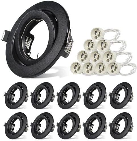 Unikcst 10er Einbaustrahler LED GU10 Set Einbaurahmen 98mm | Matt-schwarz Metall, Schwenkbar, Rund Einbauleuchten Rahmen, Für Halogen Leuchtmittel LED Modul, Inkl GU10 Fassung