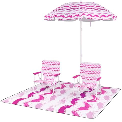 COSTWAY 2 Sillas Playa con Sombrilla y Manta de Picnic, Inclinable de 30°, Sillas Pórtatil Ligera con Portavasos, Bolsa de Transporte, Camping Picnic Jardin Terraza (Rosa)