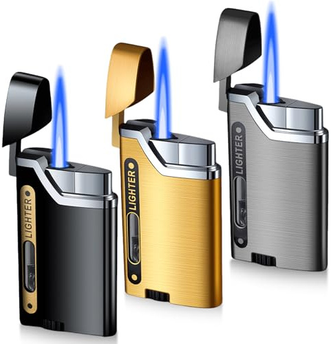 Paquete de 3 encendedores resistentes al viento, con llama de chorro, recargables, con ventana visible, a prueba de viento, para cocina/camping, gris, negro y dorado (sin gas)