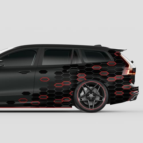 Finest Folia 2er Set XXL Wabenaufkleber Auto Motorrad Bus 200x60 cm Hexagon Aufkleber Kfz Tuning Sechseck Wabenmuster Folie für Auto Wohnmobil Transporter KX083 (05 Schwarz Glanz/Karminrot)