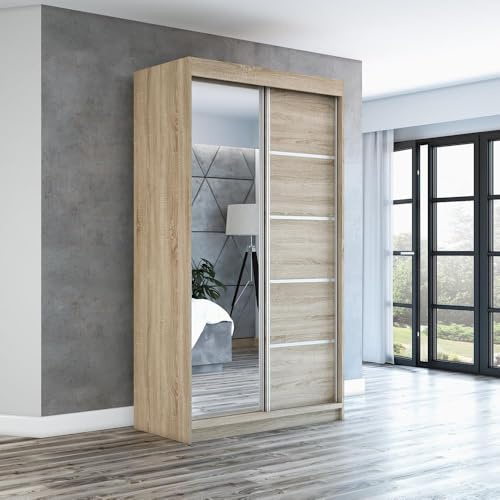 A&J MöbelLand Schwebetürenschrank GAPI Kleiderschrank 2-türig mit Spiegel, Garderobe 120 cm (Sonoma/Sonoma/Sonoma)