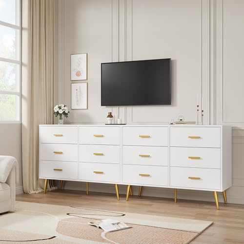 Aptliton Wooden Chest of Drawers, Modern 6 Drawer Storage Cabinet with Gold Handles and Sturdy Metal Legs, Bedroom Drawer Organiser for Living Room, Hallway or Entryway, White