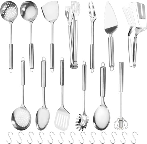 13-teilig Edelstahl Kochutensilien Set - Wärmebeständig Antihaft Hochglanzpolierte Küchenhelfer-Set mit 13 Haken Metallspatel-Set, Langlebige Geschirrspülergeeignet für alle Küchenbedürfnisse