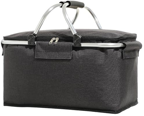 Einkaufskorb Faltbar, Einkaufskorb mit Kühlfunktion, Thermo als Picknickkorb,Tragekorb,Kühlbox Tragbare mit Gepolsterten Griffen,für Einkaufen,Reisen,Picknick,(Schwarz)