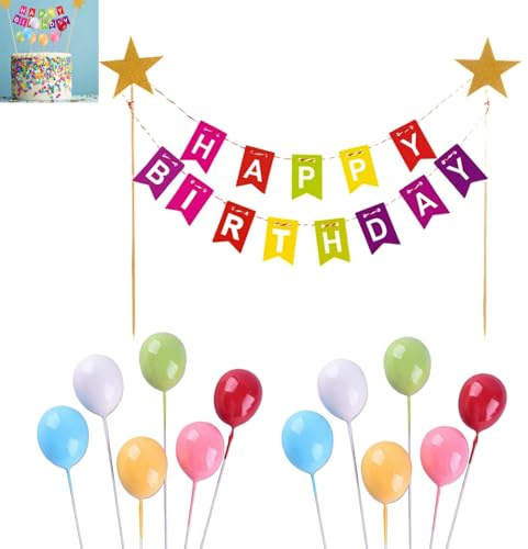 Zpeiran Happy Birthday Tortendeko,Kuchen Topper Bunting Set mit 12 Mini-Ballons Girlande Alles Gute zum Geburtstag Cake Topper für Kinder, Mädchen Jungen Bunte Regenbogen Geburtstagstorte-Dekoration