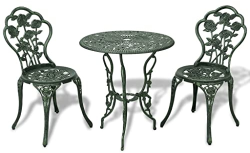 YuuSsea 3-TLG. Bistro-Set Aluminiumguss Grün, wetterfestes Gartenmöbel-Set mit Gusseisenbeinen, Romantisches Blumenmuster für Balkon, Terrasse, Hof
