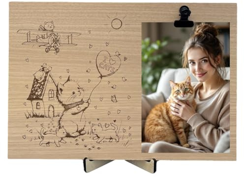 Portafoto da tavolo, idea regalo amanti dei gatti, portafoto in legno inciso a laser, Cornice moderna, Quadretto con molletta, Decorazione per interni (Gatto)
