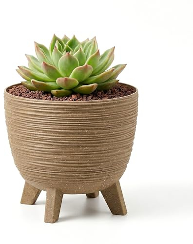 GEEZY Brown Plant Pot with Legs, 23.6 cm - Weather Resistant Indoor & Outdoor Planter - Modern Textured Flower Pot for Living Room, Garden & Patio