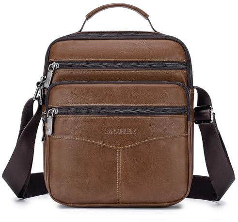SPAHER Stor Herr Läderväska Handväska Axelväska för Män Shoulder Crossbody Bag Messengerväska med Justerbar Axelrem Vattentålig Slingväska för iPad 11 Tum, Brun