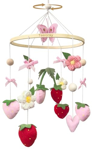 Babymobil med jordgubbe, blommor och filtbollar, flicka, babymobil vindleksak för babysäng, mobil babyskötbord, barnrumsdekoration, gåva (jordgubb)