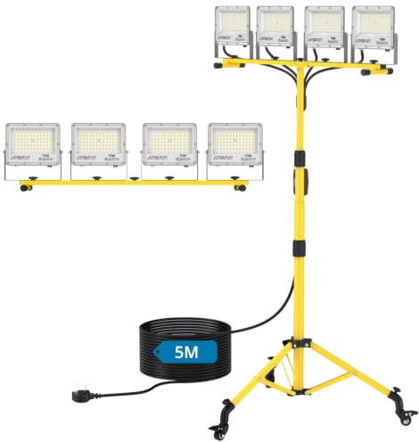 AUTOUTLET Foco de Trabajo Cabezales Rotación de 360° 6500K, Impermeable IP66 Con Cable 5m y Trípode Ajustable para Construcción,Acampada,Taller (4x70w)