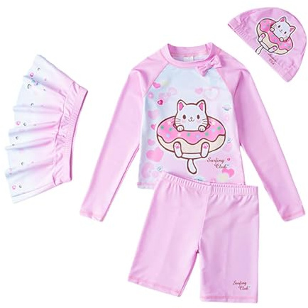 Conjunto de Bikini Niña 3 Piezas 1-7 Años Traje de Baño Niña Bebe Natacion Bañador Piscina Trikini Tankini Vintage Camiseta Manga Larga y Short con Falda Playa Vacaciones Verano