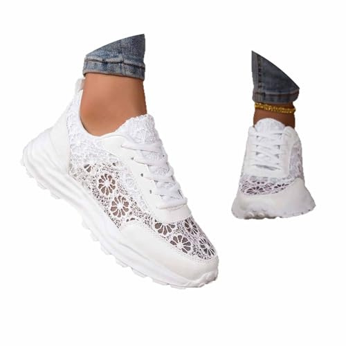 Baskets traditionnelles pour femme - Chaussures plates pour femme - Élégantes et confortables - En tissu - Blanc - Dentelle blanche - Baskets d'été - Baskets blanches
